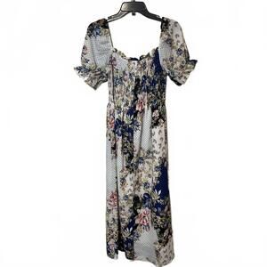 Heyson Women's Floral Midi Smocked Ruffle Cottage Core Short Sleeve Dress Medium